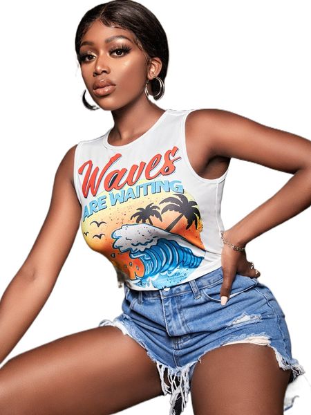 sxy slogan & wave print crop tank 75nw#, White