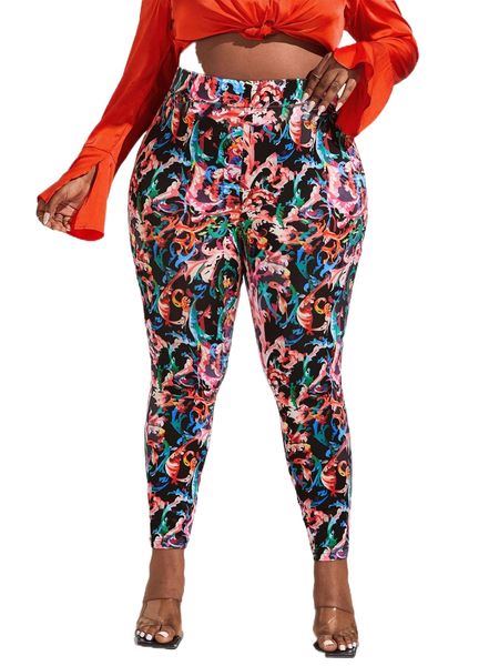 sxy plus allover print wide waistband leggings h4pc#, Black 
sxy plus allover print wide waistband leggings h4pc#, Black