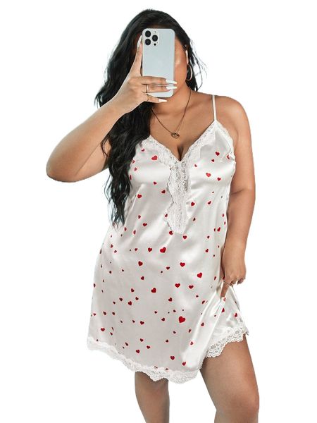 plus allover heart print contrast lace trim satin cami nightdress k3s6#, Black;white
plus allover heart print contrast lace trim satin cami nightdress k3s6#, Black;white