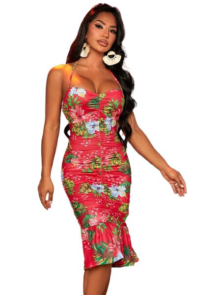 floral print ruched ruffle hem tie backless halter bodycon dress h6fg#, Black;gray
floral print ruched ruffle hem tie backless halter bodycon dress h6fg#, Black;gray