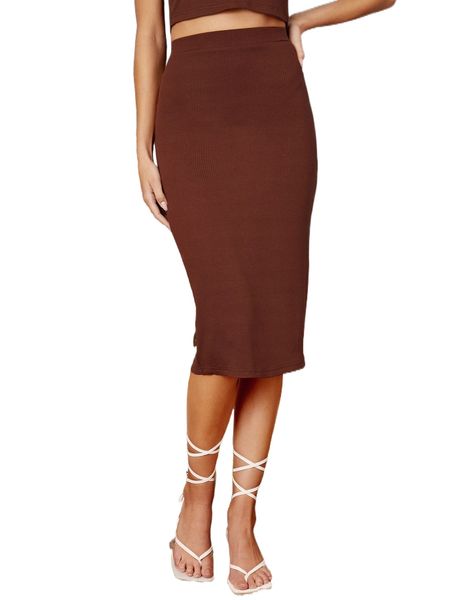 ribbed knit split back skirt y91j#, Black