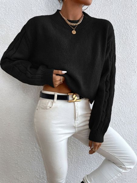 solid drop shoulder cable knit sweater n6no#, White;black 
solid drop shoulder cable knit sweater n6no#, White;black