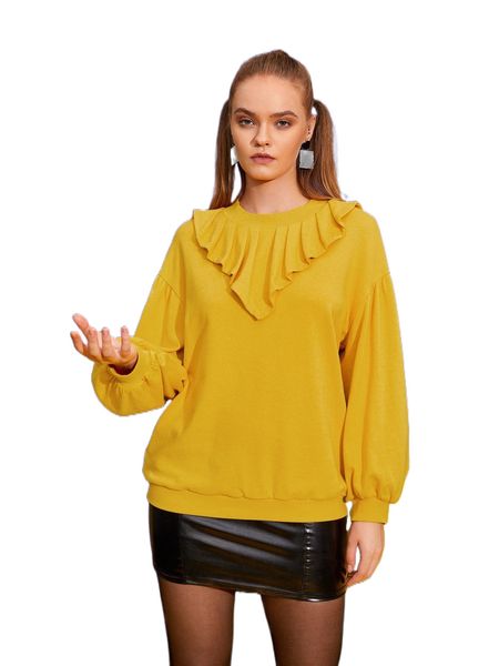 x scube drop shoulder ruffle trim pullover j377#, Black 
x scube drop shoulder ruffle trim pullover j377#, Black