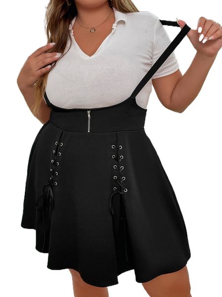 plus grommet lace up crisscross back overall dress without tee f7fk#, Black 
plus grommet lace up crisscross back overall dress without tee f7fk#, Black