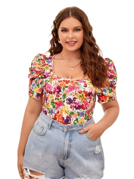 plus allover floral print puff sleeve blouse w8wd#, Black