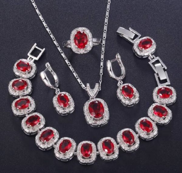 four piece set jewelry earrings ring chains necklace bracelet set red gem, Silver
four piece set jewelry earrings ring chains necklace bracelet set red gem, Silver