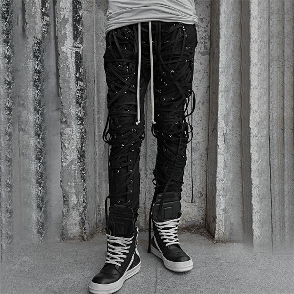 iefb spring niche patchwork strings bandage trouser high waist casual slim drawstring long pants streetwear fashion 220328, Blue