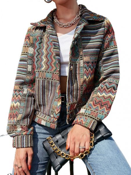geo print button up jacket 23w0#, Black;brown
