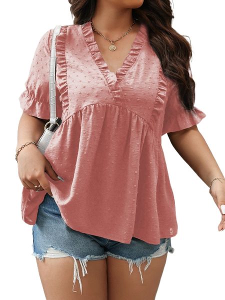 plus swiss dot frill trim flounce sleeve peplum blouse 70be#, Black 
plus swiss dot frill trim flounce sleeve peplum blouse 70be#, Black