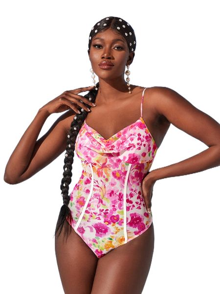 floral print draped collar mesh cami bodysuit t34p#, White