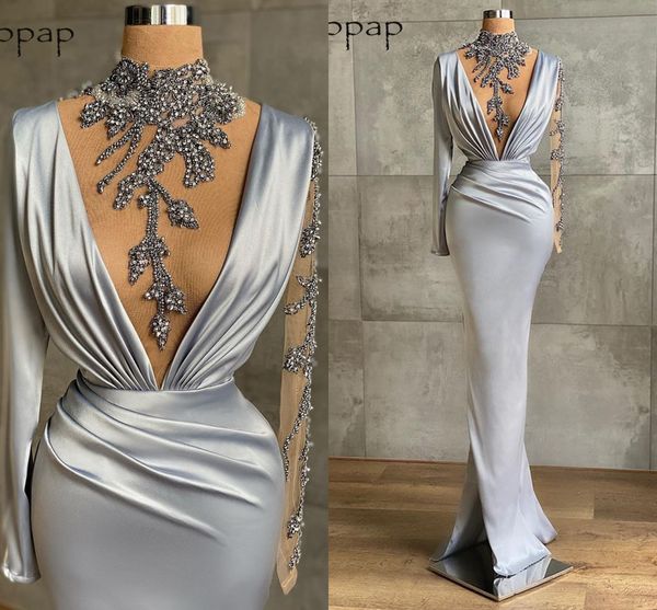 luxury long mermaid prom high neck long sleeve crystals silver satin women formal evening party night gowns, Black
luxury long mermaid prom high neck long sleeve crystals silver satin women formal evening party night gowns, Black