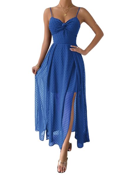 swiss dot twist front tie backless wrap cami dress without belt 78cr#, Black;gray