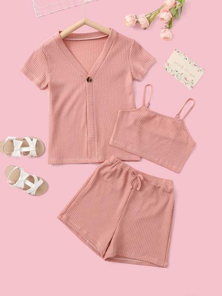 girls waffle knit cami & coat & bow front shorts she, White
girls waffle knit cami & coat & bow front shorts she, White