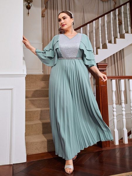 plus contrast sequin layered sleeve pleated hem dress e5vh#, Black 
plus contrast sequin layered sleeve pleated hem dress e5vh#, Black