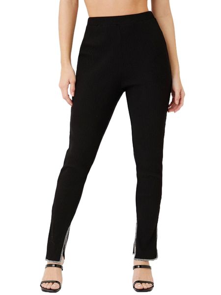 contrast stitch slit hem pants m8in#, Black;white