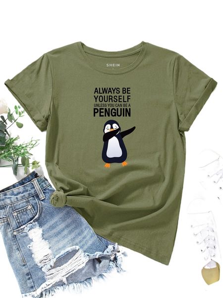 penguin & slogan graphic tee 87zg#, White