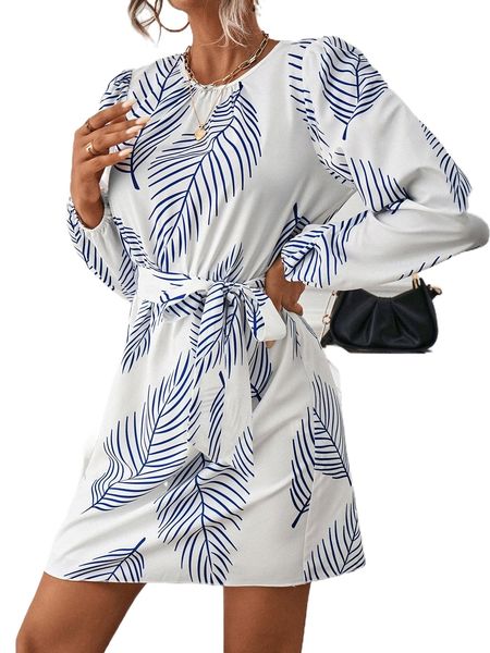 plants print bishop sleeve belted dress n73o#, Black;gray