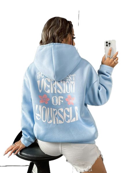 slogan & floral print drop shoulder drawstring hoodie h6o0#, Black 
slogan & floral print drop shoulder drawstring hoodie h6o0#, Black
