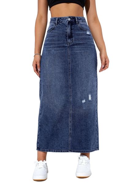 high waist ripped split back denim skirt e5vi#, Black