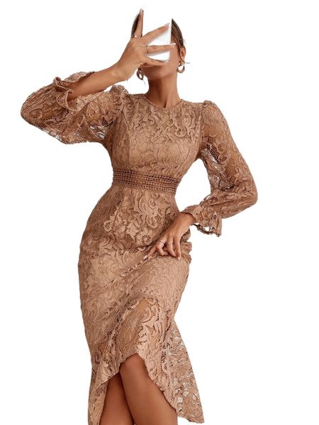 flounce sleeve mermaid hem guipure lace prom dress 05s7#, Black;gray
flounce sleeve mermaid hem guipure lace prom dress 05s7#, Black;gray