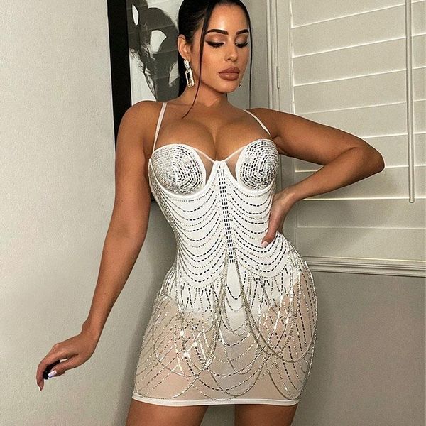 

Casual Dresses Sheer Mesh Patchwork Rhinestones Mini Dress for Women Spaghetti Strap V Neck Sexy See Through Midi Nightclub Party Vestidocas, Apricot