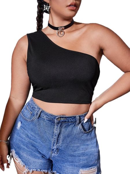 plus one shoulder crop 8135#, Black
