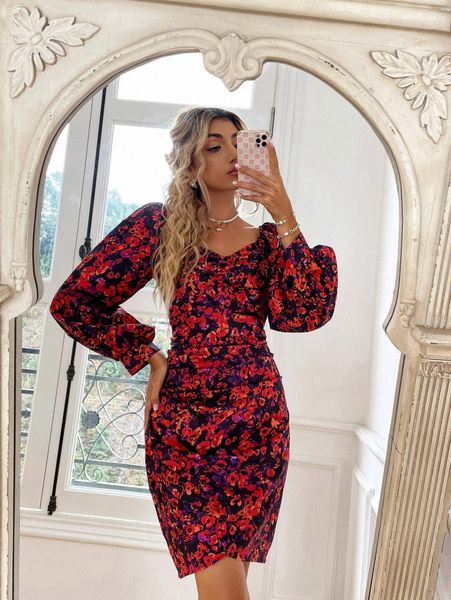 allover print lantern sleeve ruched side tulip hem fitted dress m9jj#, Black;gray
allover print lantern sleeve ruched side tulip hem fitted dress m9jj#, Black;gray