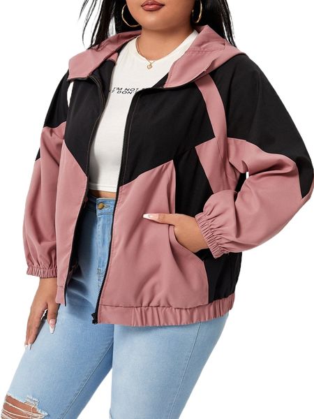 plus two tone raglan sleeve hooded jacket n5kp#, Black 
plus two tone raglan sleeve hooded jacket n5kp#, Black