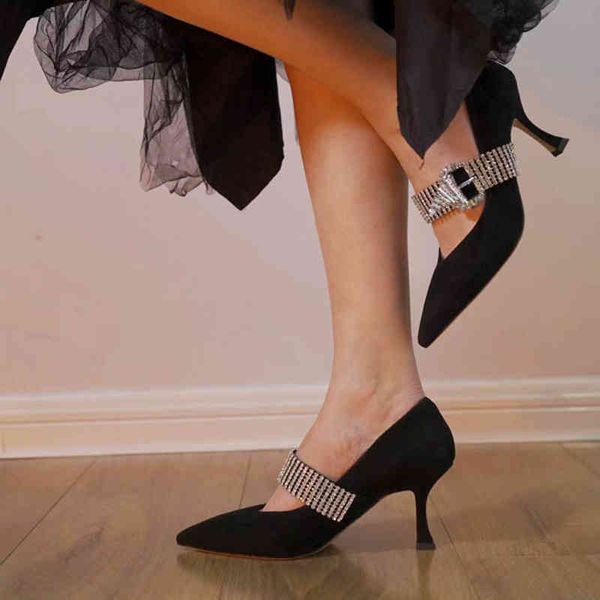 slippers spring pointed high-heeled shoes crystal chain diamond buckle decorated suede women's, Black
slippers spring pointed high-heeled shoes crystal chain diamond buckle decorated suede women's, Black