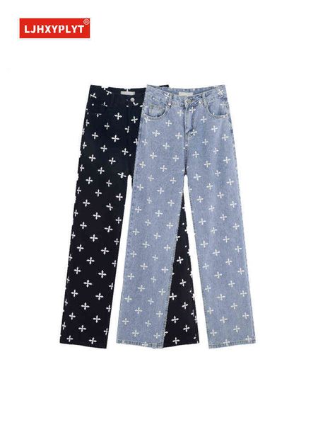 cross full print blue jeans women and autumn new street style high waist straight pipes dweilen denim black pants female l220726
cross full print blue jeans women and autumn new street style high waist straight pipes dweilen denim black pants female l220726
