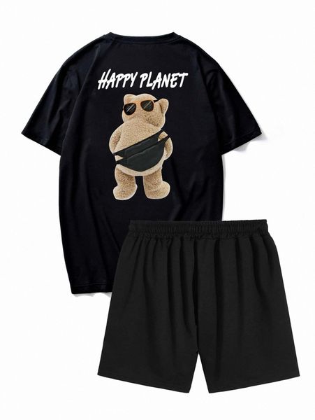 extended sizes men bear & letter graphic tee & shorts h4dm#, Gray 
extended sizes men bear & letter graphic tee & shorts h4dm#, Gray