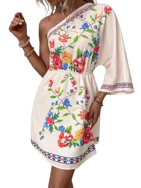 floral print one shoulder dress v95j#, Black;gray 
floral print one shoulder dress v95j#, Black;gray