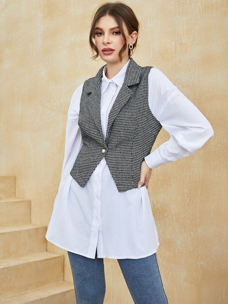houndstooth single button vest blazer 392s#, White
