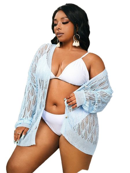 plus drop shoulder hollow out kimono l0be#, Black;gray