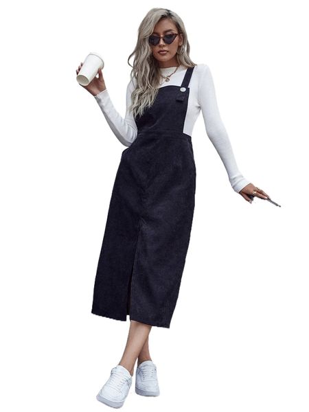 slit hem corduroy overall dress without tee f04t#, Black;gray