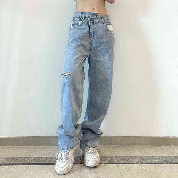 dislocation oblique waist design hole stitching loose casual high waist jeans pants t220728, Blue
dislocation oblique waist design hole stitching loose casual high waist jeans pants t220728, Blue