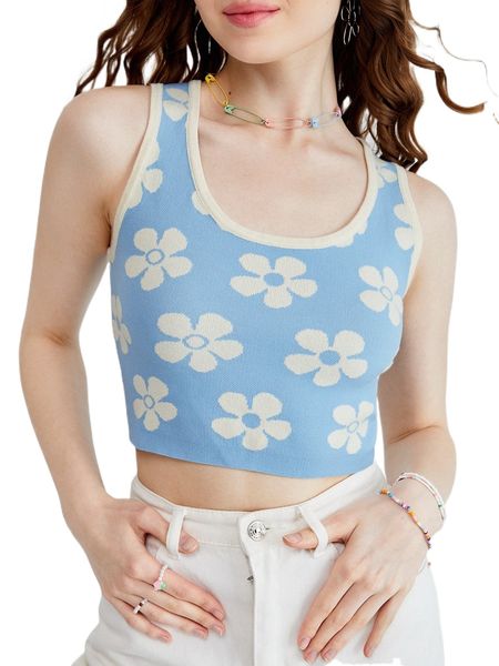 floral pattern contrast trim knit 46uo#, White;black