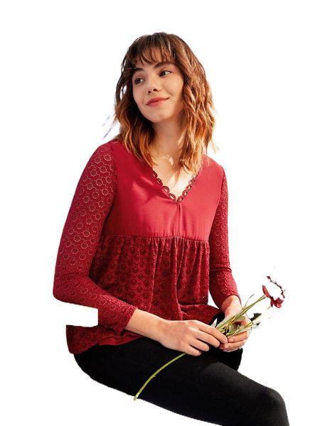 v neck contrast lace peplum blouse y5os#, White
v neck contrast lace peplum blouse y5os#, White