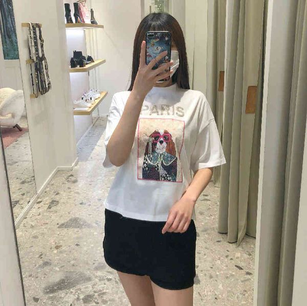 women's t-shirt spring summer printed diamond inlaid casual loose t-shirt for women, White
women's t-shirt spring summer printed diamond inlaid casual loose t-shirt for women, White