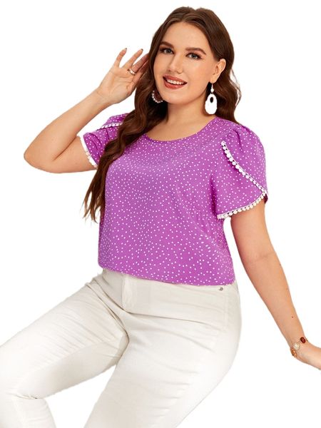 plus polka dot print guipure lace trim petal sleeve blouse 14q3#, Black