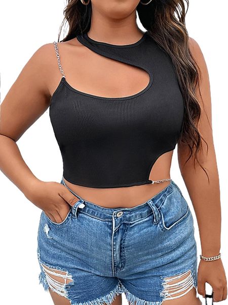 plus chain detail cut out crop tank o95x#, Black 
plus chain detail cut out crop tank o95x#, Black