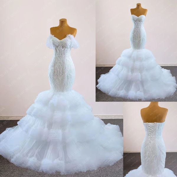 luxury lace bridal gowns with detachable sleeves wedding dresses tiered tulle custom made real image, White
luxury lace bridal gowns with detachable sleeves wedding dresses tiered tulle custom made real image, White