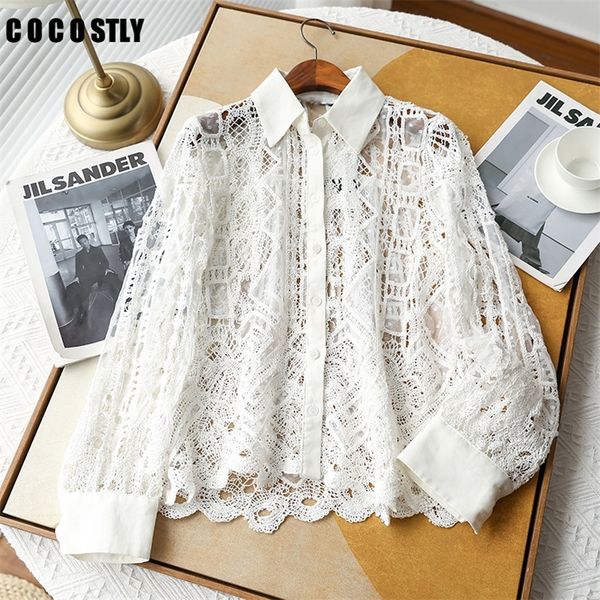 women blouses hollow out lace shirts elegant turn down collar femme see through long sleeve women chic blouses 220516, White
women blouses hollow out lace shirts elegant turn down collar femme see through long sleeve women chic blouses 220516, White