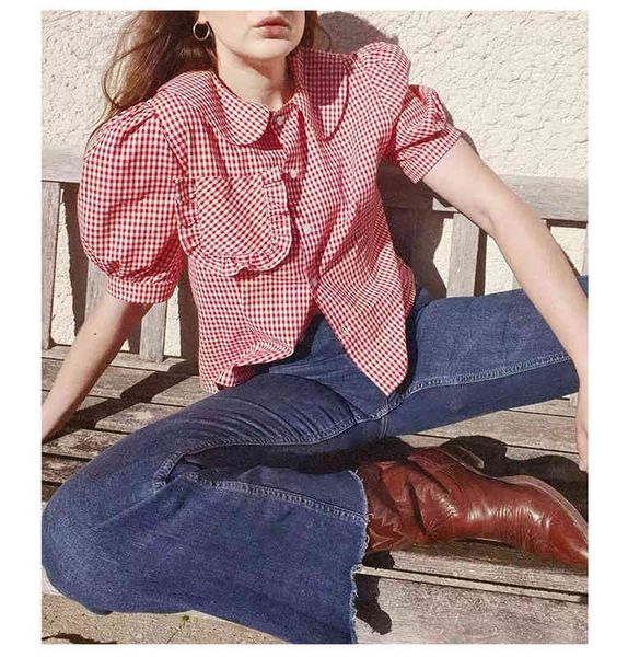 women's blouses shirts french plaid age reducing bubble sleeve baby collar wood ear pocket short sleeve shirt female, White
women's blouses shirts french plaid age reducing bubble sleeve baby collar wood ear pocket short sleeve shirt female, White