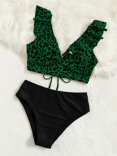 leopard ruffle trim bikini swimsuit x4y0#, White;black