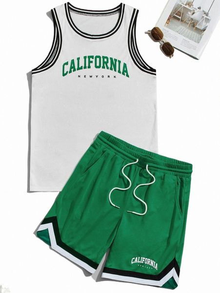 men letter graphic contrast trim tank & drawstring waist shorts a6yg#, Gray