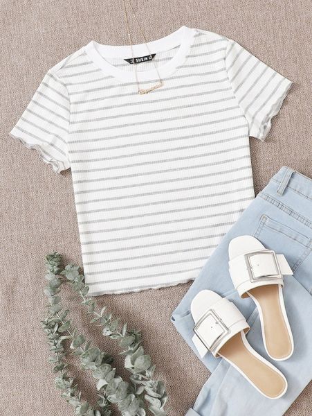 lettuce trim striped tee c2y9#, White
lettuce trim striped tee c2y9#, White