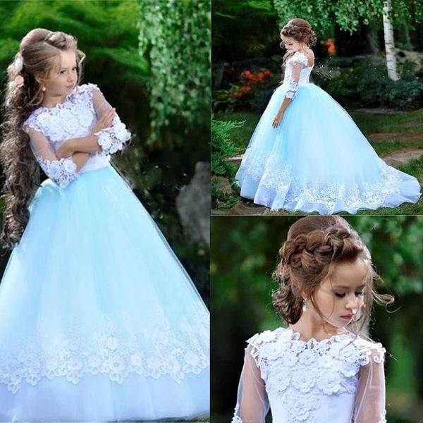 new lovely sky blue white lace formal party dresses for wedding guest high jewel corsst back flower girl dress with sleeves, White;blue
new lovely sky blue white lace formal party dresses for wedding guest high jewel corsst back flower girl dress with sleeves, White;blue