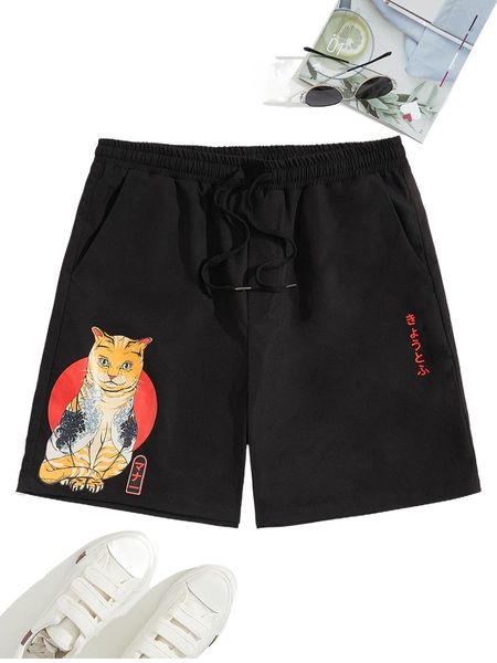 men cat & japanese letter graphic drawstring waist shorts l2p2#, White;black
men cat & japanese letter graphic drawstring waist shorts l2p2#, White;black