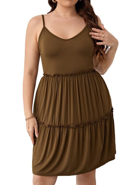 plus solid frill trim cami dress b3yx#, Black